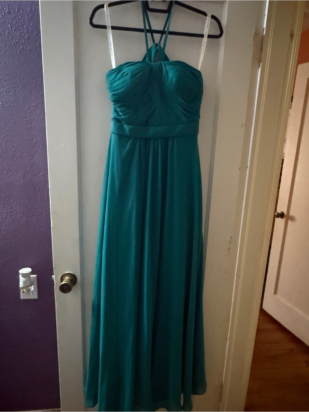 Azazie Teal Green Strapless Ruched Maxi Dress